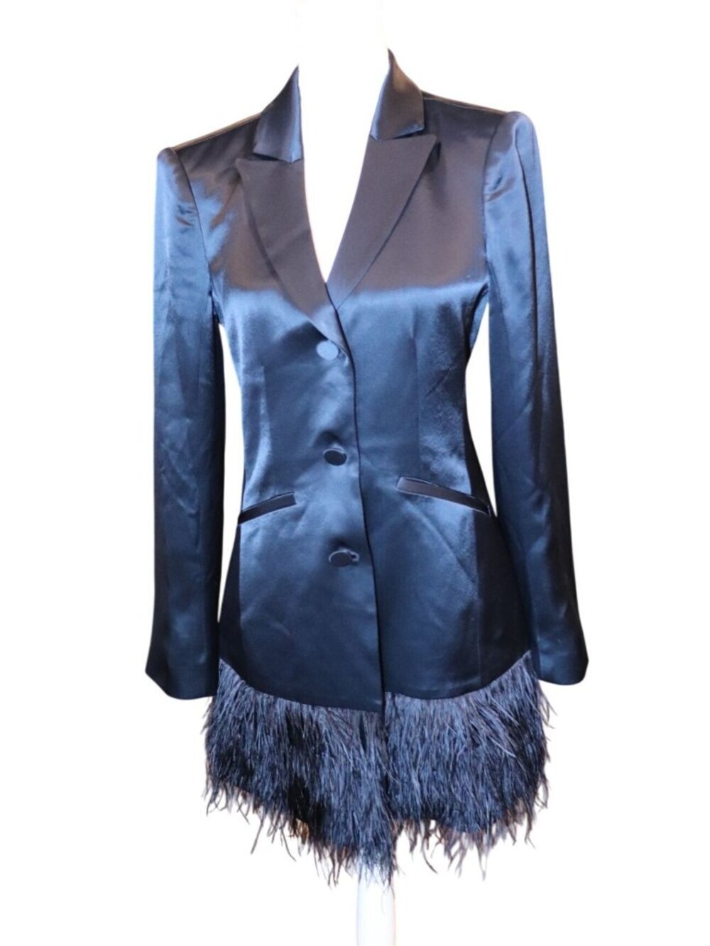 Cinq A Sept Joel Blazer Dress Navy Long Sleeve Feather Trim, Size 4 NWT